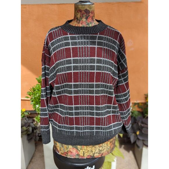 Vintage 1990s TLC Lambert Red Grey Plaid Grunge Oversized Baggy Knit Sweater XL - Picture 1 of 5
